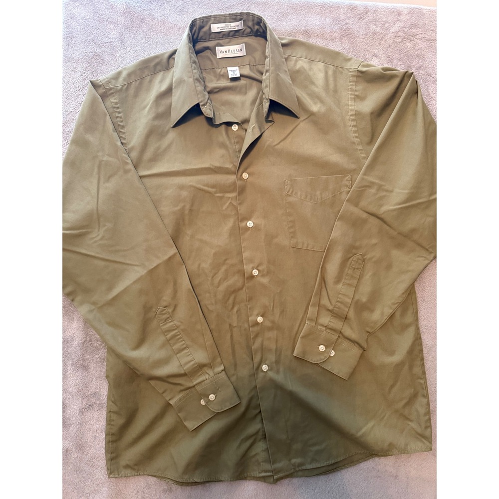 Van Heusen Mens Olive Green Poplin Dress Shirt Wrinkle Free 16 34/35 Long Sleeve